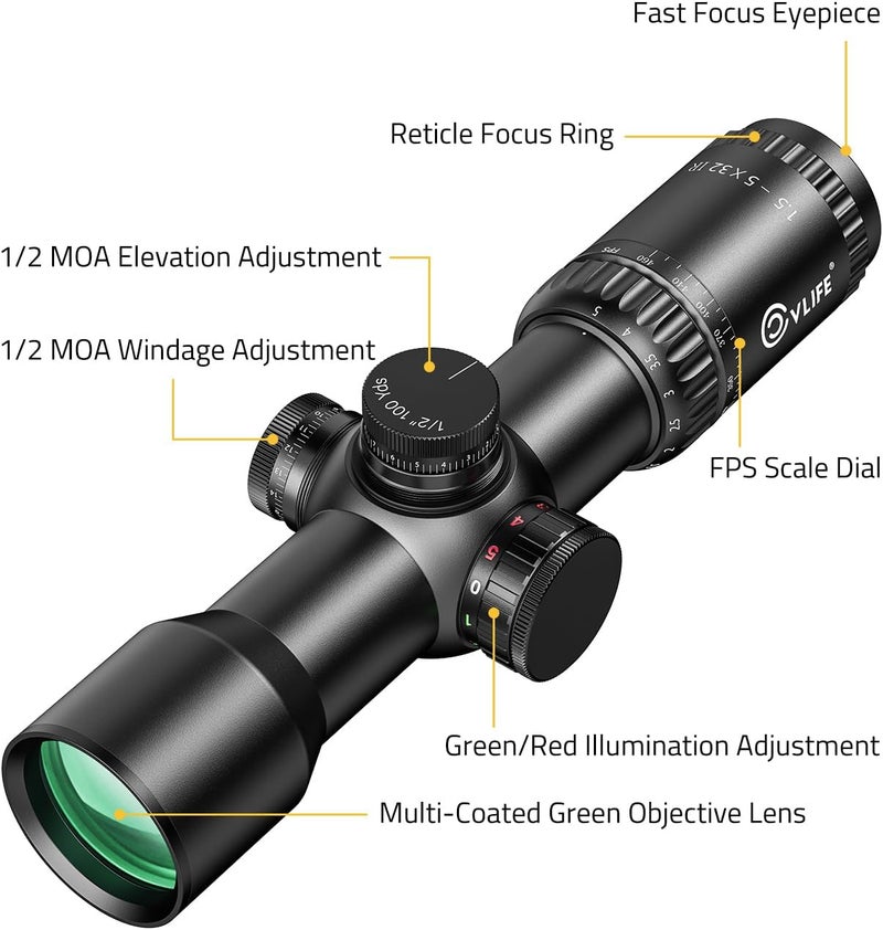CVLIFE 1.5-5x32 Crossbow Scope, 20-100 Yards Rangefinder Ballistic Reticle, 300-460 FPS Red Green Illuminated Compact Crossbow Scope for Hunting with 20mm Scope Rings - Image 5